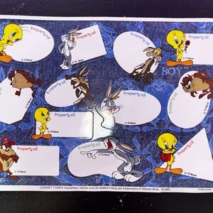 Vintage Sticker Sheet 1995 Looney Tunes “Property Of” Bugs Bunny Taz Tweety
